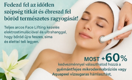 Fedezd fel az időtlen szépség titkát és ébreszd fel bőröd természetes ragyogását! Teljes arcos Face Lifting kezelés elektrostimulációval és ultrahanggal, hogy bőröd újra feszes, sima és élettel teli legyen. Most +60% kedvezménnyel választhatod hozzá a gyé kupon